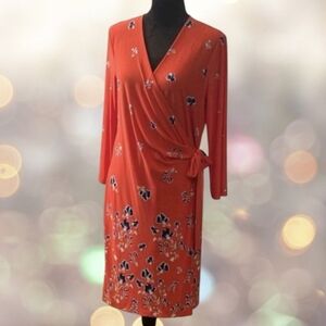 The Limited Faux Wrap Dress Red Blue Floral 3/4 Sleeve Size Large